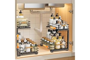 JYPS 2 Pezzi Organizer Sottolavello Cucina, 2 Livelli Metallo Organizer Cassetti Cucina, Regolabile in Altezza Organizzatore Sotto Lavello, Cestelli Sottolavello per Bagno, Spezie, Armadio (Nero)