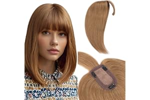 Elailite Hair Topper Donna in Lace 25cm 33g Clip in Capelli Veri Toupee Toupet Silk Base 7cm*13cm con Frangia 6# Castagna