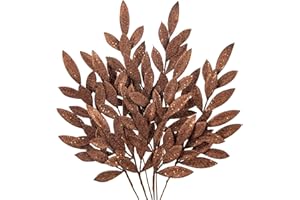 ‎HOLLYONE Hollyone 60CM Weihnachten Picks Glitzer 6 PCS, Weihnachtsdeko Glitzer, Weihnachten Blätter, Glitter Kunstzweig Blätter Braun mit Lange Biegbare Stiele für Weihnachtsbaum Neujahr Dekoration