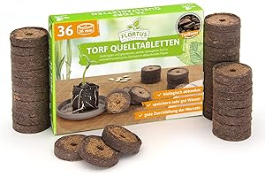FLORTUS FREUDE AN VIELFALT FLORTUS – Torf Quelltabletten aus Sphagnum Torf mit NPK Dünger – 36 Stück (36 mm) Quelltabs biologisch abbaubar – Alternative zu Torfquelltöpfen – torfhaltige Anzuchterde zur Pflanzen Anzucht