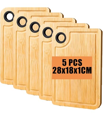 Lot De 6 Planches à Découper Acacia 27×13,5×1,5 Cm – Antibactériennes, Avec Support, Bois Huilé Alimentaire, Petit Déjeuner