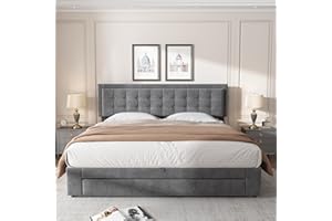 Moimhear Letto con cassetto e cassetti, tessuto di velluto, imbottito, rete a doghe, letto matrimoniale, grande spazio di archiviazione, 180 x 200 cm (grigio, 180 x 200 cm)
