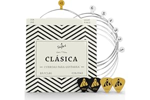 BELFORT Cuerdas de nailon de primera calidad para guitarra clásica, española, flamenca y guitarra acústica (lote de 6 cuerdas) BONUS: 4 púas + Escuela de Guitarra (ebook)