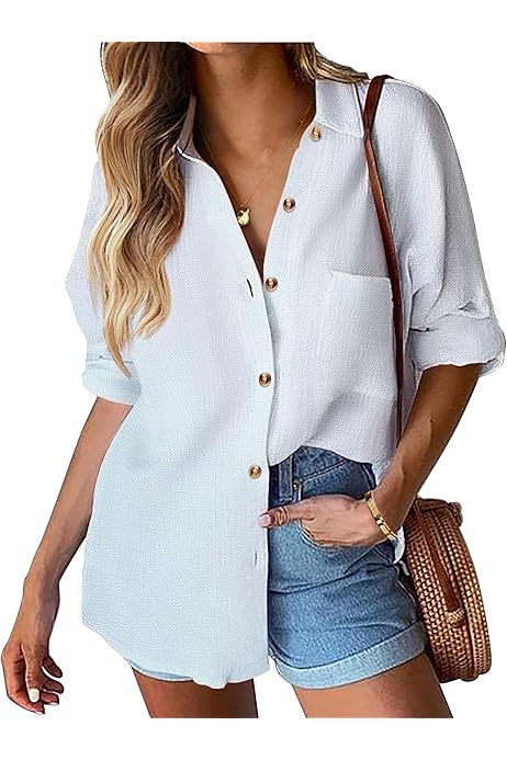 Damen Leinen Hemd Vintage Fischdruck - Lockere Button-Down Bluse Mit Langarm