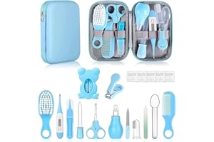 MEETOZ Baby Healthcare and Grooming Kit, 19 in 1 Infant Safety Care Set with Hair Brush Comb Nail Clipper Nasal Aspirator, Baby Essentials Kit for Newborn Girls Boys(Blue)