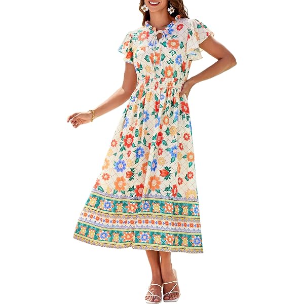 OURIN Women's Floral V-Neck Ruffle Sleeve A-Line Midi Dress - Summer Boho Beach Sundress
