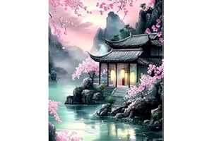 NEWENMO Arquitectura China Pintar por Numeros Adultos,Flores de Cerezo Pintura por Numeros Kit,Easy Paint by Numbers Adult,con 3 Pinceles y Pigmento Acrílico,Decoración para Hogar,Sin Marco-40x50cm