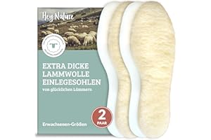 Hey Nature 2 Paar Lammwolle Einlegesohlen Herren & Damen, natürliche Wärmesohlen. Wärmende Schuheinlagen besser als beheizbare Sohlen & Fußwärmer. Thermosohlen aus Wolle statt Lammfellsohlen