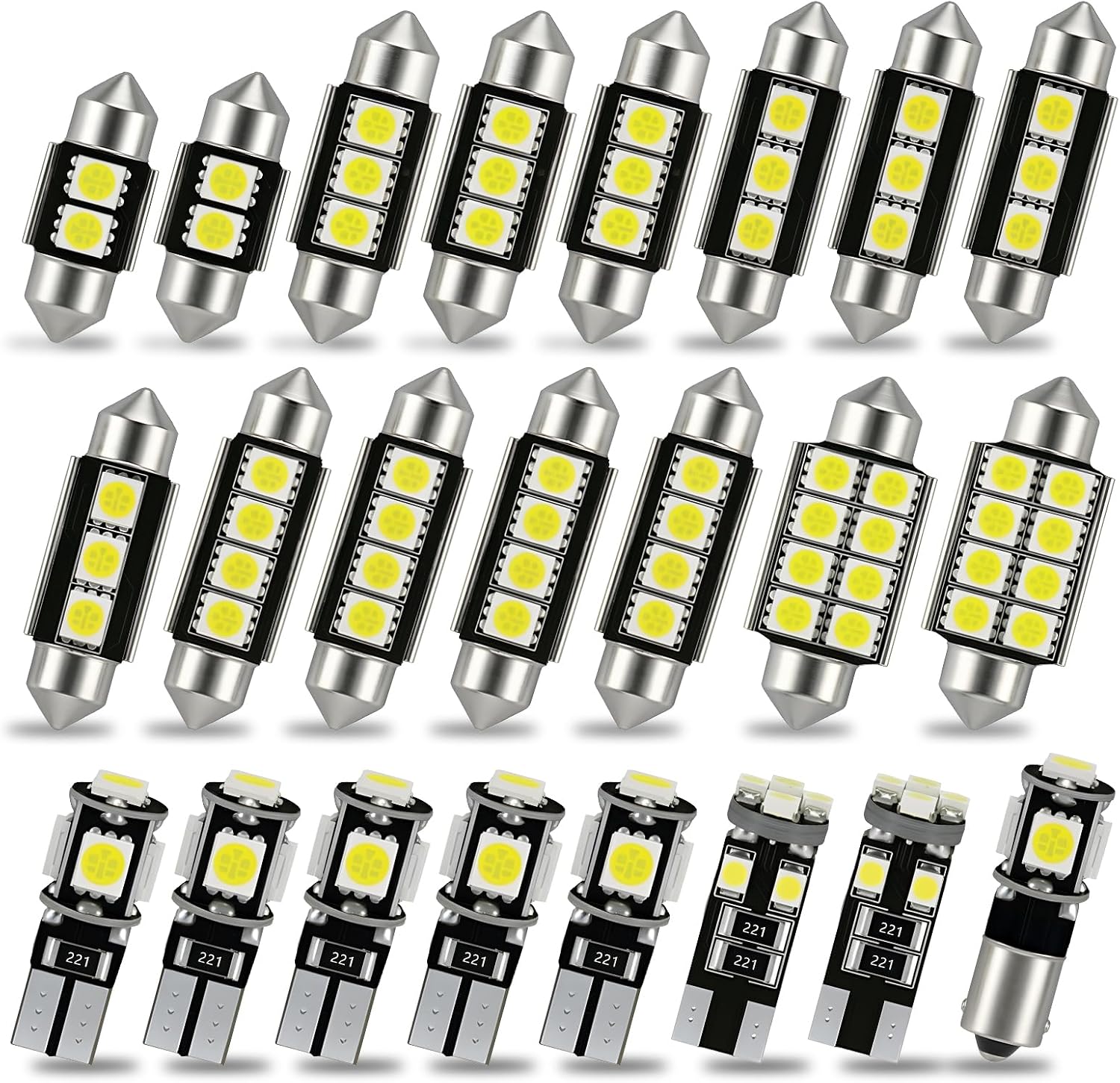 HOMTRAK 23 Pcs Bombillas LED Interior Coche 6500K Canbus, Kit Luz LED 12V T10 W5W C5W BA9S para Domo Mapa Puerta Cortesía Maletero y Matrícula, Luz Blanca Xenón Compatible con varios vehículos