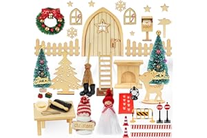 KAZATE 48 PCS Wichteltür Komplettset, Wichteltür Set Zubehör Weihnachten mit Baustelle, Weihnachtswichtel Set für Kinder Wichtel Deko Holz Miniatur mit Licht, Briefkasten, Stiefel, Zaun, Kranz, Leiter