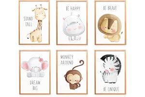 WIETRE 6er Set Bilder Tiere Kinderzimmer Babyzimmer Deko | Bild Junge Mädchen Poster DIN A4 | Waldtiere Safari Afrika Tiere Tierposter Dekoration (ohne Rahmen)