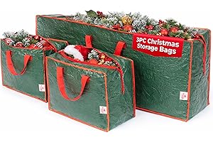Christmas Village Set of 3 Christmas Storage Bags - 7ft Christmas Tree Storage Bag and 2 Decoration Storage Bags with Handles - Durable Xmas Storage Bag for Lights, Tinsel, Wreath (Green)