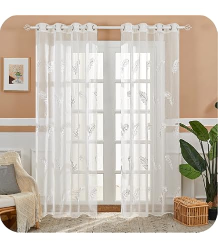 Rideaux Voilage Taupe 140x225cm - Motifs Feuilles - 2 Pièces - Pour Salon Ou Chambre