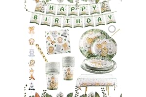 PARTYHAUSY Assiette Jetable Anniversaire Jungle Animaux 126 pcs vaisselle jetable anniversaire, vaisselle anniversaire, Thème des animaux de la jungle, adulte ou enfant, ensemble de vaisselle de fête.