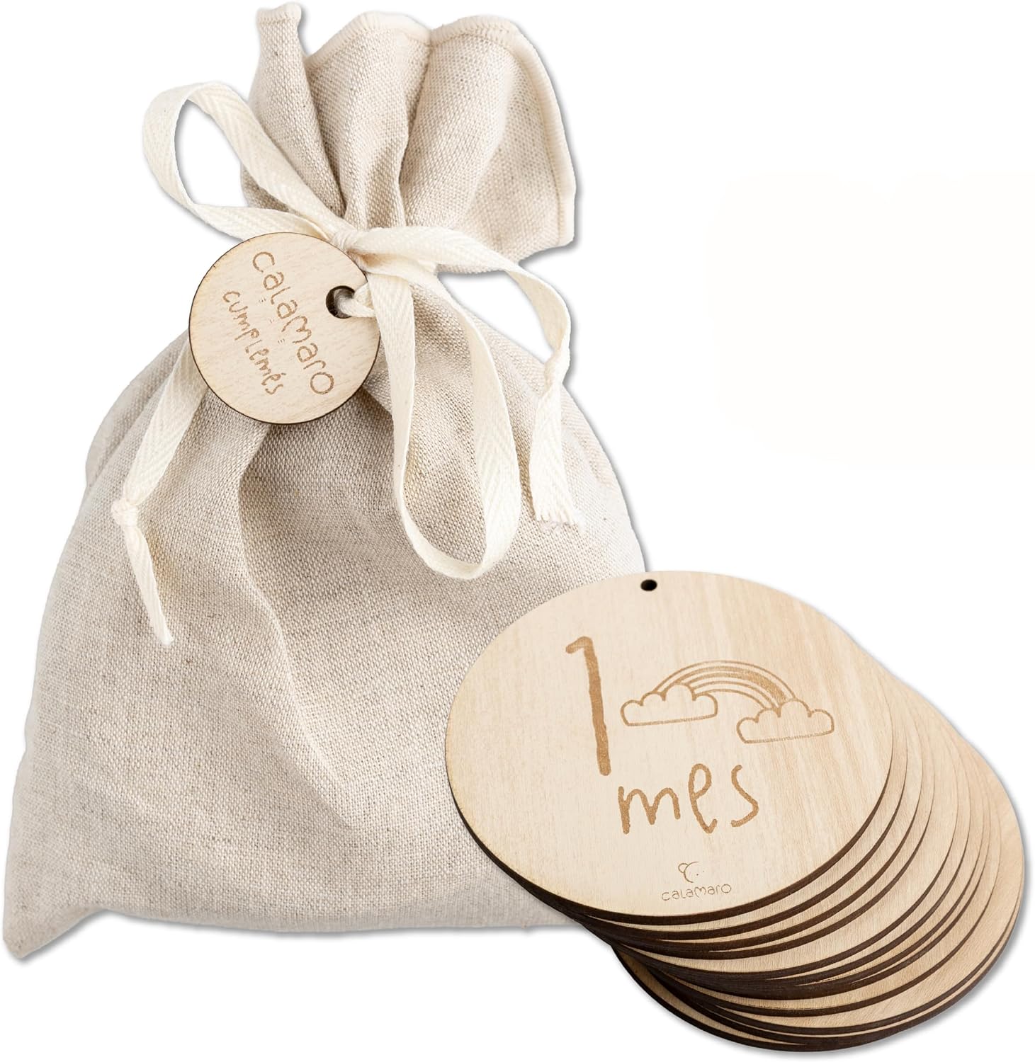 Calamaro - Cumplemes Bebé Madera – Set 12 Placas 1-11 Meses + 1 Año – Cumplemes Bebé Español – Regalo Recién Nacido – Hecho en España – Bolsa Lino Premium (Español)