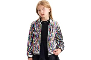 LOLANTA Mädchen Pailletten Bomberjacke mit Taschen Reißverschluß Langarm Glitzer Baseball Jacken für Kinder 4-13 Jahre