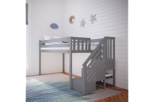 ‎MAX & LILY Max & Lily Halbhochbett mit Treppe inklusive Stauraum, aus neuseeländischem Kiefernholz, inklusive Lattenrost, 90x200cm-Bettgestell, für Jungen und Mädchen, grau