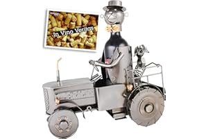 Brubaker - Porte-bouteille de vin - Sous forme de tracteur avec conducteur et chien - Objet décoratif en métal - Avec carte de vœux pour cadeau de vin