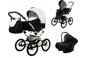 BabyLux® Bambimo Kinderwagen Set 3 in 1 - Margaret - incl. Babywanne, Buggy Sportsitz, Auto-Babyschale - Autositz - Kinderwagenset - Kombikinderwagen mit Wickeltasche, Regenschutz usw.
