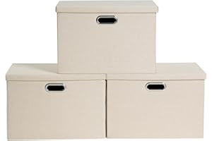 FABINADO 260g/m² XLarge Fabric Storage Boxes with Lids, Linenette Storage Baskets for Clothes & Toys, Odour Dispersal Process, 3mm Support Layer, Reinforced Edges, 3 Pack, Candlelit Beige