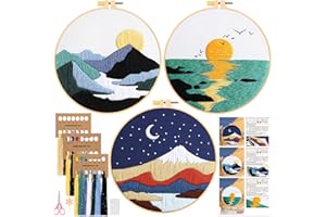 JSRQT 3 Piezas Kit de Bordado para Principiantes Adultos con Patrón de Paisaje, Kit Punto Cruz Kit de Inicio de Bordado, Kit de Bordado Hecho a Mano con Instrucciones, Aro de bordado, Aguja e Hilos