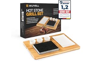 Muvell Hot Stone - Steak Stein - Heiße Steinplatte aus Granitstein mit Bambus Holzbrett & Beilageschälchen Dipschalen Saucen-Schälchen (Weiß)
