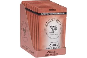 Raging Bull Chilli Beef Biltong - Delicious Authentic South African Biltong. Made with Natural Ingredients & Our Award-Winning Skills. High in Protein, Low Carbs & Gluten Free. 10 x 35g Snack Packs.