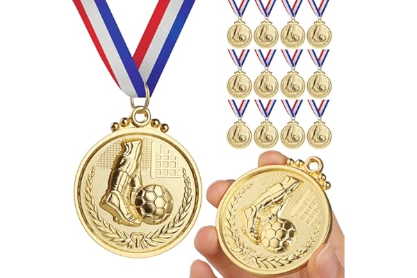 GeeRic 12 Pièces Médaille de Football en Or avec Rubans de Cou, Médailles de Jeu de Football Prix étoiles en Or pour Le Sport, Les Compétitions, Les Fêtes, Le Style Olympique, Le Football