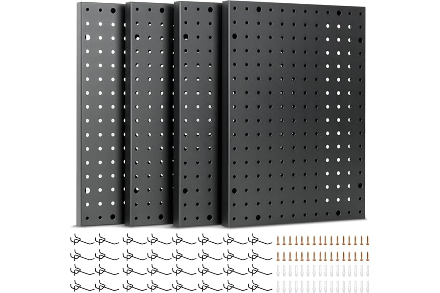 Heavy Duty 4-Panel Pegboard Wall Organizer With 32 Peg Hooks - 16’’ x 12’’ Black Heavy Duty Garage Utility Tools Steel Peg Board Kit Wall Storage System for Shop, Home - Installation Hardware Included