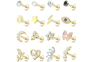 Adramata 16 Pcs 16G Piercing Oreja Acero Quirúrgico Pendientes Set Concha Tragus Pendientes Piercing Mal de Ojo Flor Mariposa Oreja Piercing Cartílago Helix Tragus Piercing Joyas para Mujer
