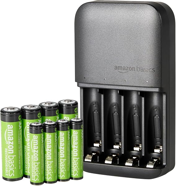 Amazon Basics pilas recargables NiMH, con cargador de pilas de 4 ranuras, enchufe de la UE, Paquete de 8 (4 AAA 800mAh + 4 AA 2000mAh), Negro - 1