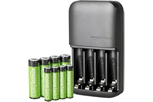 Amazon Basics NiMH rechargeables batteries (4 AAA 800mAh + 4 AA 2000mAh) avec chargeur à 4 emplacements, prise européenne, lot de 8, Noir