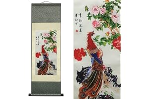 VALART Die Seide Scroll Malerei Asiatisch Wand Dekoration Vögel - Phönix - Luan Xiang Feng Zhu Schön Chinesische Kunstwandrolle Hängende Bildrolle Orientalisches Dekor (36.2x 12 Zoll)