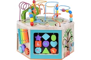 Teamson Kids Wooden Activity Cube Baby Toys, 7 in 1, Educational with Abacus, Xylophone, Bead Maze, Animal and Shapes, Age 1 Year +