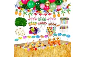 FYEPAGU 146 Stück Hawaii Party Dekoration Set mit Dekoration Ballon, Hawaii Luau tischröcke, Banner, Künstliche, Palmenblätter, Kuchendeckel, 3D Fruchtstrohhalme für BBQ Tropischen Garten Party Deko