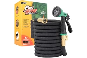 Flexi Hose with 8 Function Nozzle, 100FT - Lightweight Expandable Garden Hose, No-Kink Flexibility, 3/4 Inch Solid Brass Fittings and Double Latex Core
