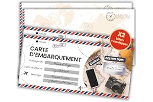 ROXISHA Carte à Gratter Voyage Surprise + Enveloppe Imprimée - Carte d'Embarquement Personnalisable à Offrir en Français - Billet d'Avion Annonce - Cadeau Anniversaire Noël EVJF & EVG Homme Femme - Pack de 2