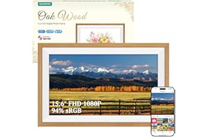 APVEELVEER 94% sRGB Frameo Cornice Digitale Foto 15.6 Pollici Legno di Quercia WiFi, Memoria da 32 GB, Touchscreen IPS FHD 1920 * 1080, Condividi Foto Video Tramite l'app Frameo, Regalo da Donna Uomo