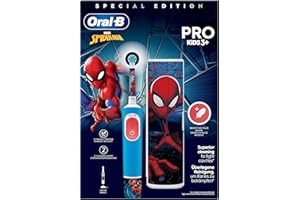 ‎ORAL-B Elektryczna szczoteczka do zębów OralB Pro Kids dla dzieci, Spider-Man Marvel, 1 miękka szczotka, 1 etui podróżne, timer i wibracje, akumulator do ładowania, 4 naklejki, 3 lata i więcej (opakowanie