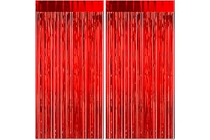 DAZAKA Rideau Frange Anniversaire Rouge 23 μm Épaissir | 2 Pièces 1 x 2M Rideau Métallique de Frange Brillant | Rideau de Fond en Aluminium | Decoration Anniversaire Mariage Photobooth