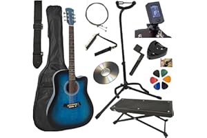 AMROVA Guitare Acoustique Folk 4/4 Adulte 41 Pouces + Support Guitare + Repose Pied + 9 Accessoires Cour Vidéo et CD (Bleu)