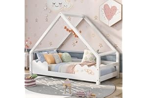 ‎MERAX Merax Kinderbett 90x200cm, Hausbett Mit Lattenrost, Holzhaus Bett mit Rausfallschutz für Jungen & Mädchen, Kinder Bett Baumhausbett, Stabiles Bodenbett, Niedlicher Spielplatz, Weiß