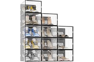 JOISCOPE Shoe Storage Boxes,12 Pcs Clear & Stackable Plastic Shoe Boxes with Magnetic Door, Trainer Storage with Lid for Women/Men, Transparent Black