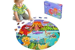Kulveanju Floor Jigsaw Puzzles for Kids 3 4 5 6 7 8 Year Olds, 128 PCS Large Dinosaur Volcano Puzzle Round, 42x42cm Kids Jigsaw, Educational Toys for Toddlers Boys & Girls