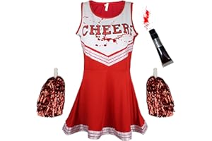 CHERRY-ON-TOP Cheerleader Costume Women Halloween Costumes for Women Cheerleader Halloween Costume Adult Zombie Cheerleader Halloween Costume for Women Dead Cheerleader with Blood Tube