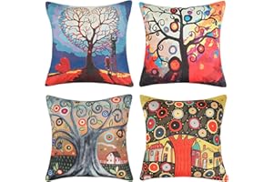 Velvhom Fodera per Cuscino Set 4 Pezzi Albero Della Vita Astratto Colore Pittura a Olio Motivo Decorativo Federe per Cuscini Cotone e Lino Quadrato Divano Camera da Letto Soggiorno Casa 45x45 cm