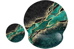 ITNRSIIET Mouse Pad and Coaster Set, Ergonomic Mouse Pad with Wrist Support, Non-Slip Rubber Base, Comfortable Memory Foam Wrist Rest Support and Cloth, Green Marble Gold