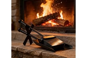 Kingson Fireplace Shovel and Brush Set with Stand – Black Steel Fire Tidy Companion Tool Set – Modern Hearth Cleaning Set – Compact 38cm Length – Decorative and Functional