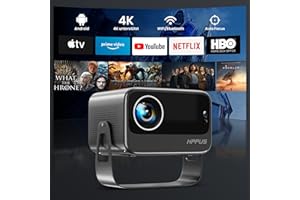 HIPPUS Videoprojecteur 4K, Projecteur Video Full HD 1080p, Videoprojecteur Focus Électrique, Correction Trapèze Android WiFi 6 BT5.2. Retroprojecteur Rotation à 360°, Compatible USB/HDMI