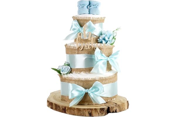 Gâteau de couches, en jute, pour la naissance, 3 étages, bleu
